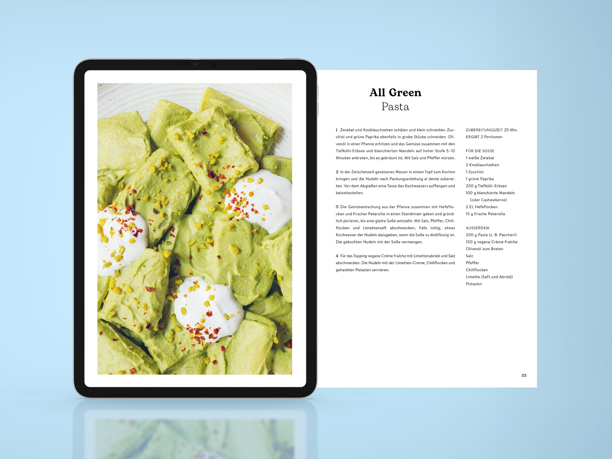 Zwei Innenseiten des E-Books ‚Pasta Guide‘: rechts der Rezepttext, links ein Bild der All Green Pasta