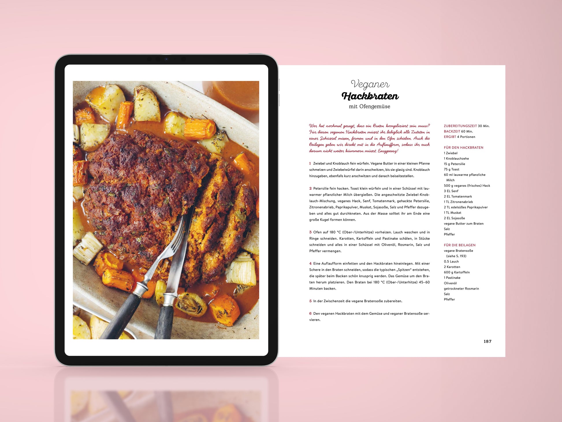 Innenseite des Kochbuchs ‚Deutsche Küche Vegan‘ mit Rezepttext rechts und Bild des veganen Hackbratens rechts
