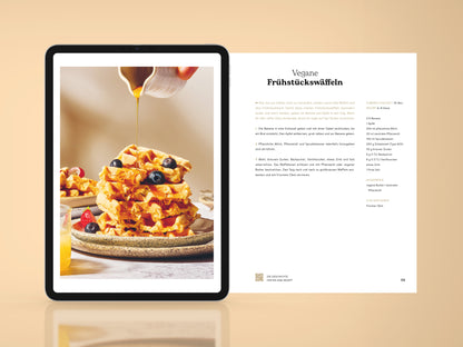 Zwei Innenseiten des E-Books ‚Vegan durch den Tag‘: rechts der Rezepttext, links ein Bild der veganen Frühstückswaffeln